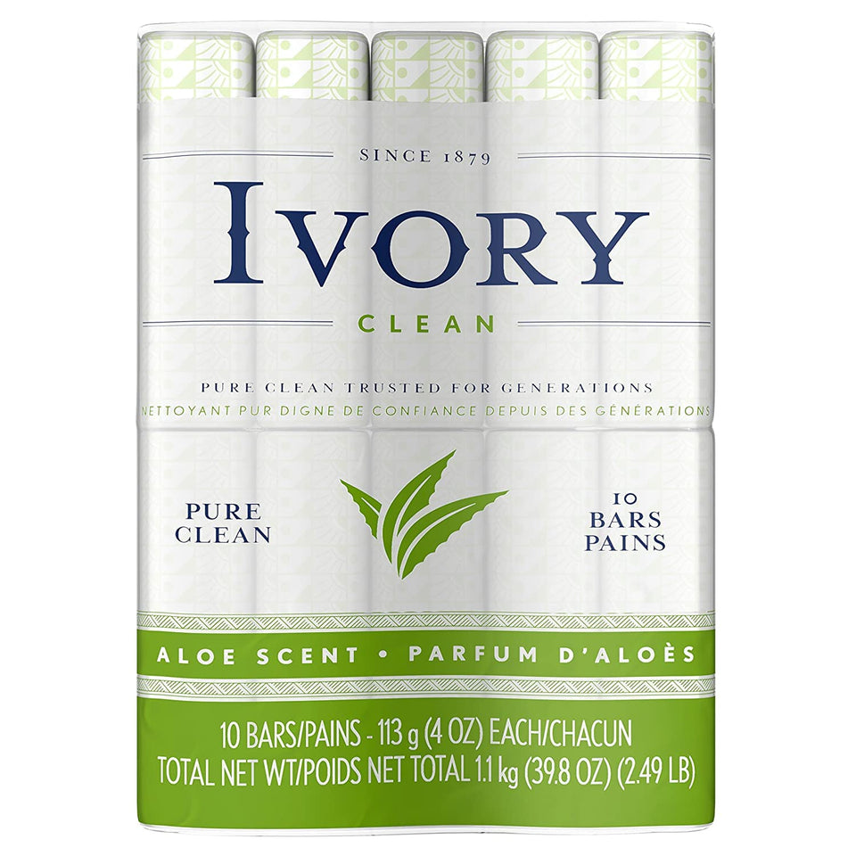 Ivory bath size aloe front packaging showing 10-count box and pack benefits