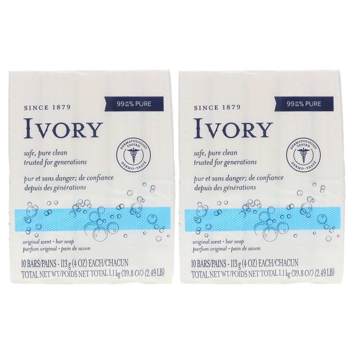 Ivory front packaging showing 10-count sleeve and brand purity benefit