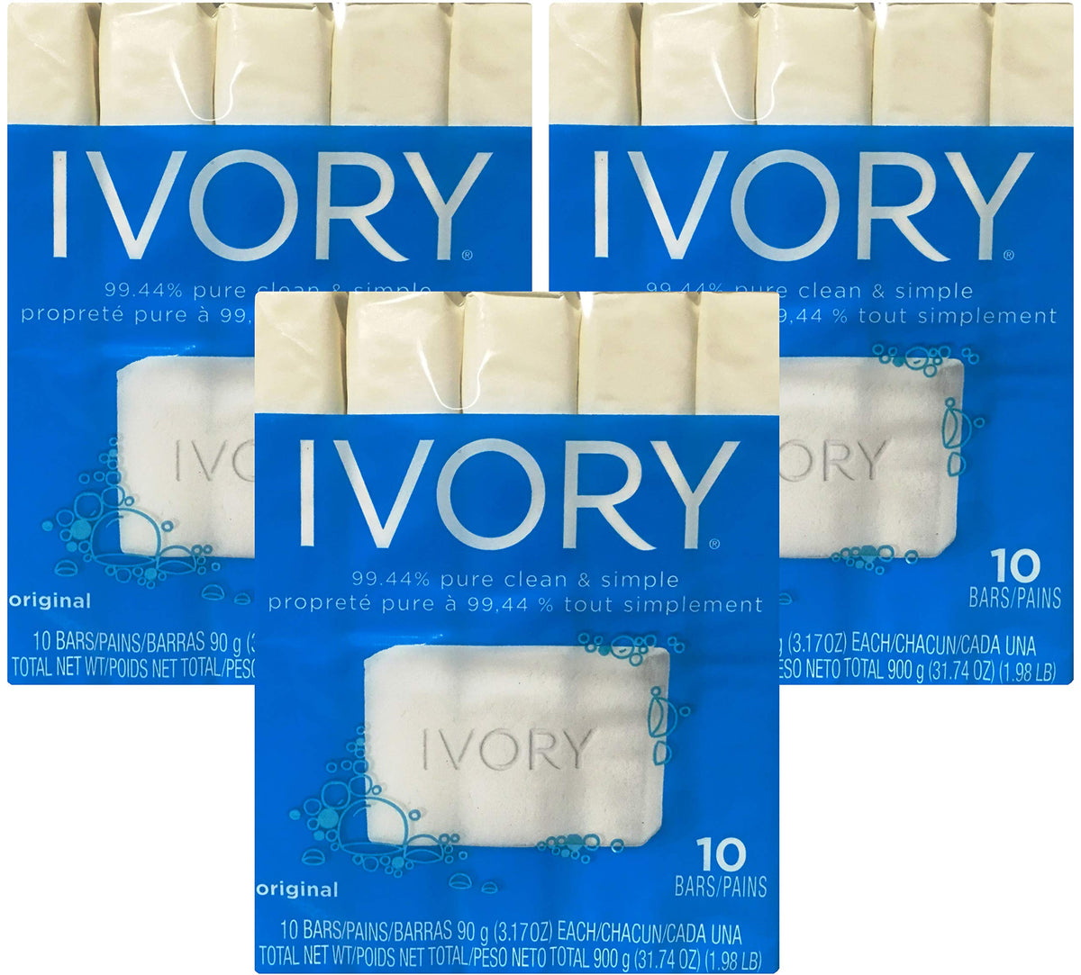 Ivory soap front packaging showing 3 packs of 10 bars for reliable gentle cleansing