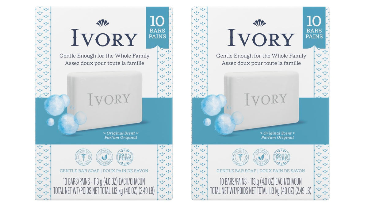 Ivory front packaging showing 20 bars and clear product benefit