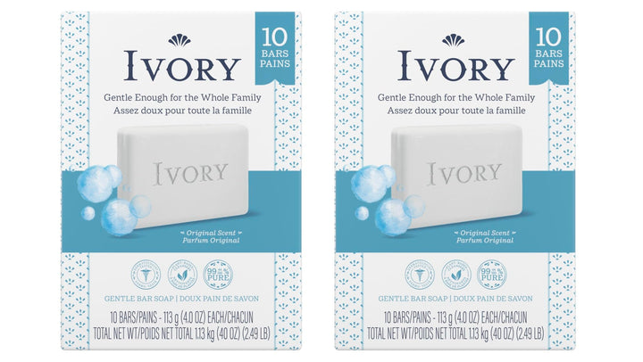Ivory front packaging showing 20 bars and clear product benefit