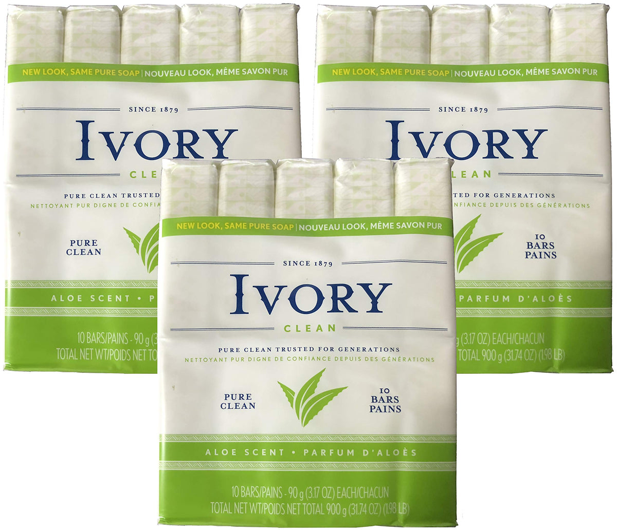 Ivory soap front packaging showing three boxes and 30 bars, brand clarity and value