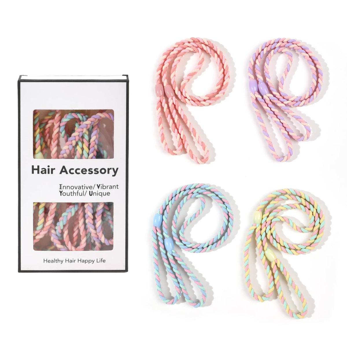 Ivyu front pack showing four braided sport hair ties and color options