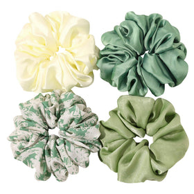Ivyu green scrunchie front view showing color and plush satin finish for soft hold