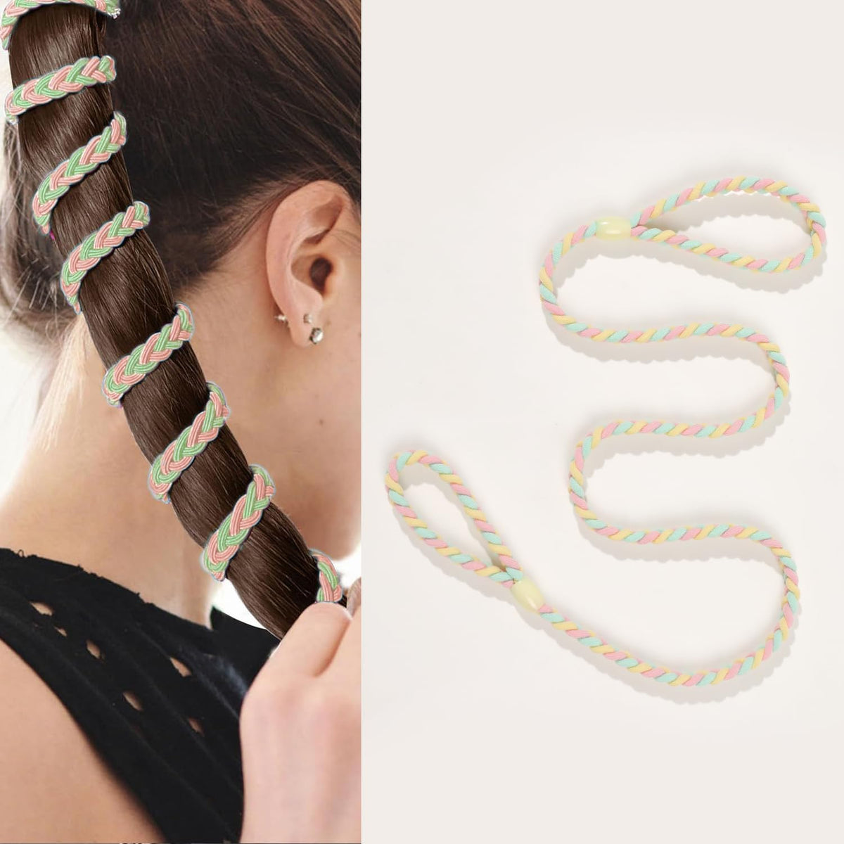 Ivyu hair tie beside ruler showing size and stretch benefits