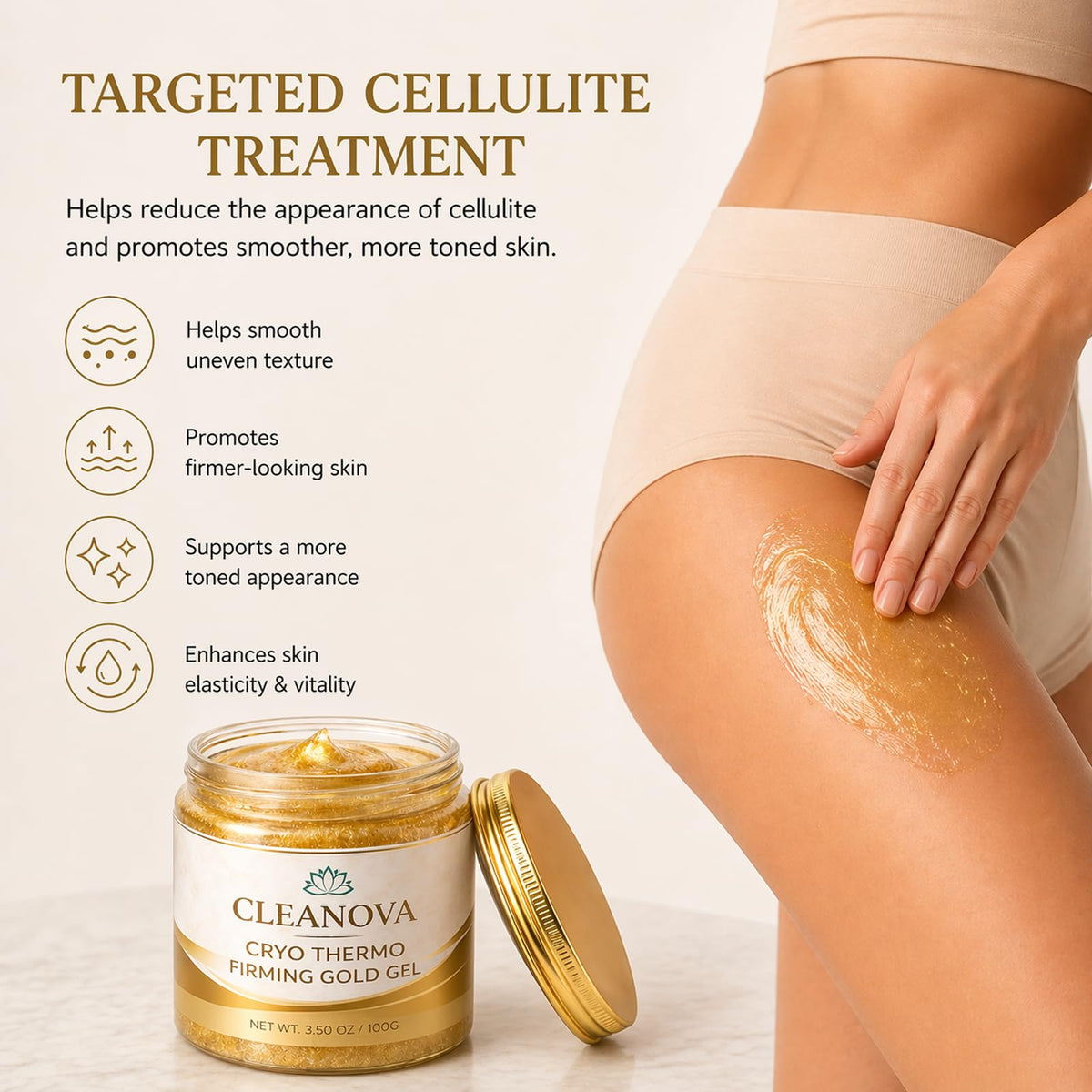 Iwhact Cleanova being applied to thighs demonstrating targeted cellulite benefit