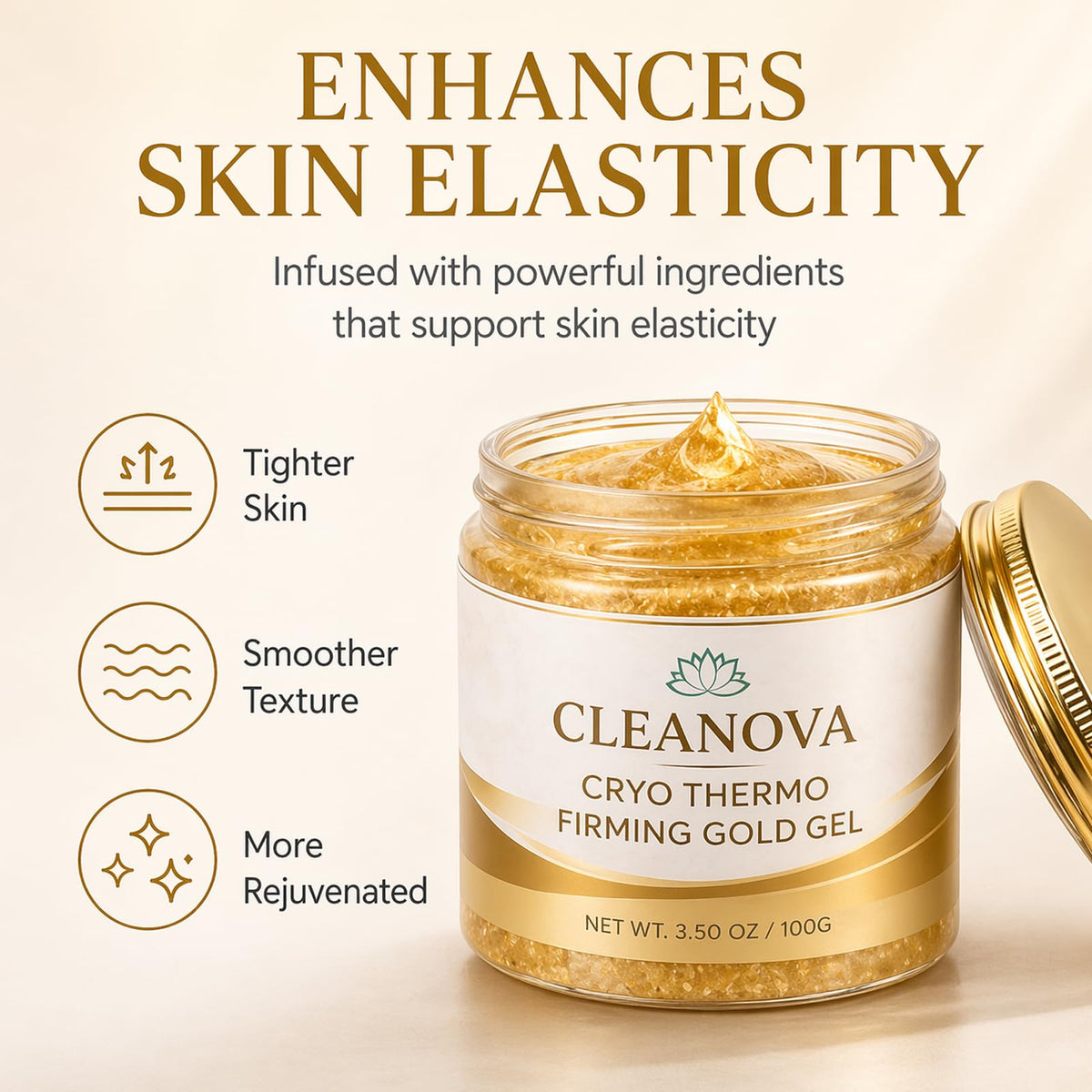 Iwhact Cleanova close-up of gold gel texture showing smooth application benefit