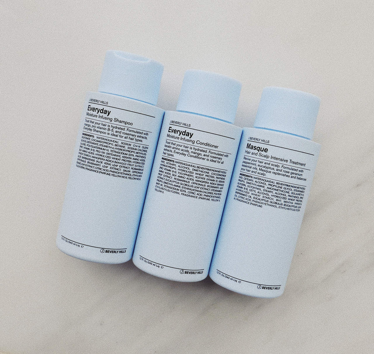 J Beverly Hills eucalyptus, castor, jojoba bottles showcasing botanical support benefit