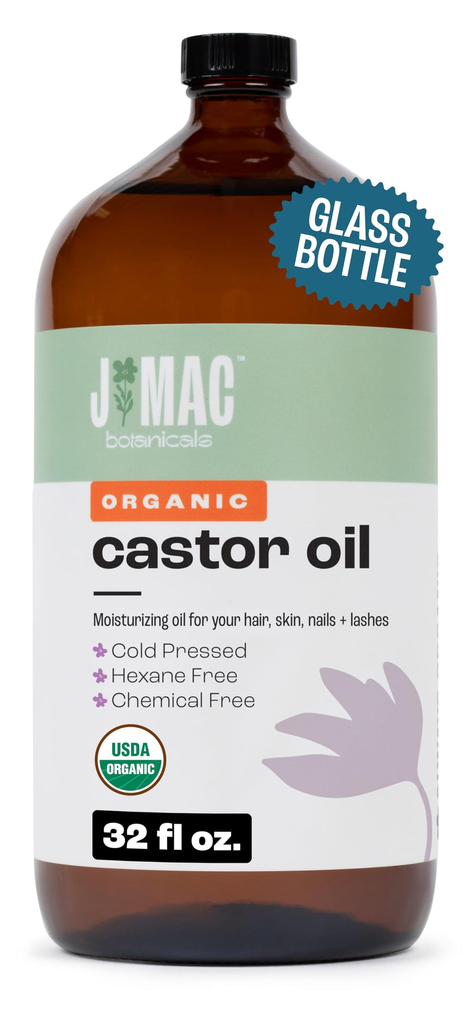 J MAC BOTANICALS amber bottle front showing organic castor oil benefits