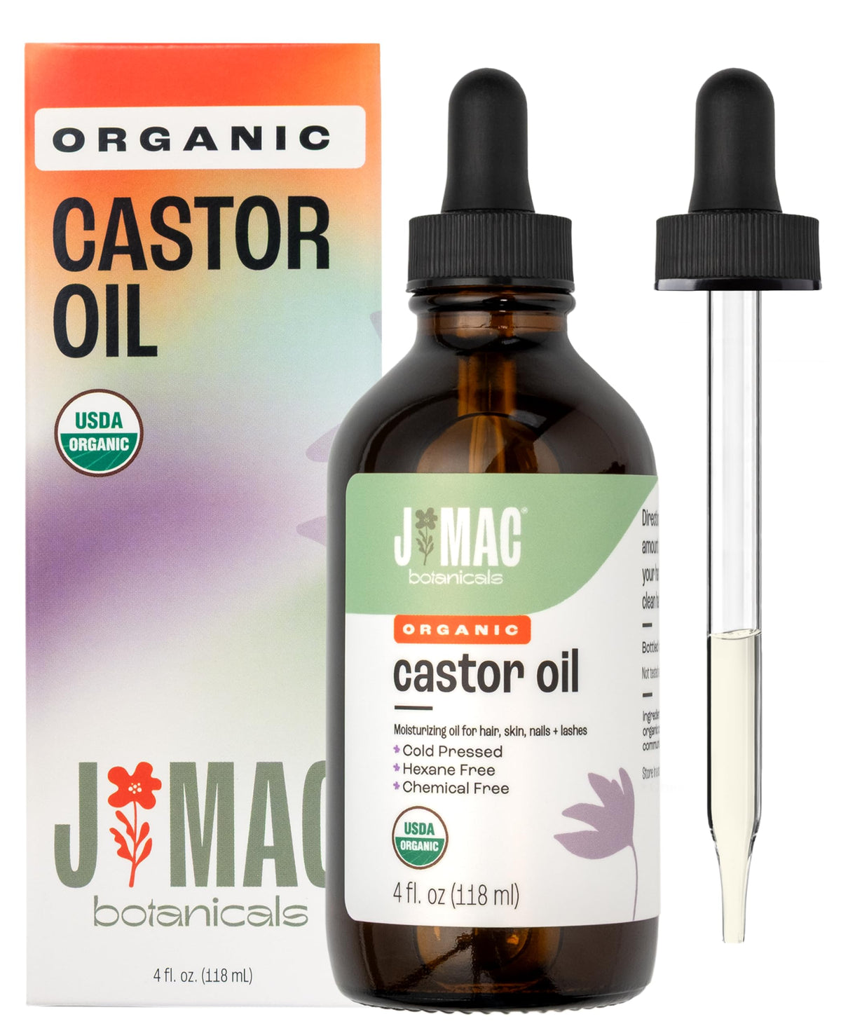 j mac botanicals front label on amber dropper bottle showing organic certification and benefit