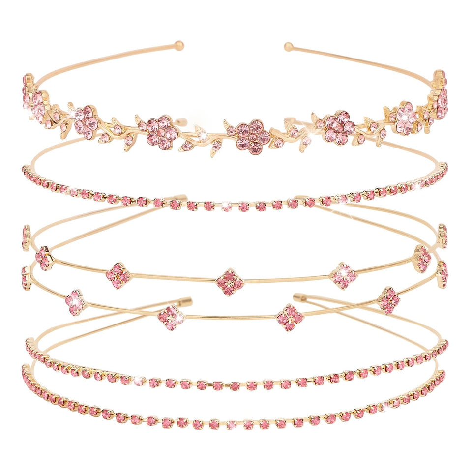 Jaciya front view of four pink-gold headbands showing coordinated designs and sparkle