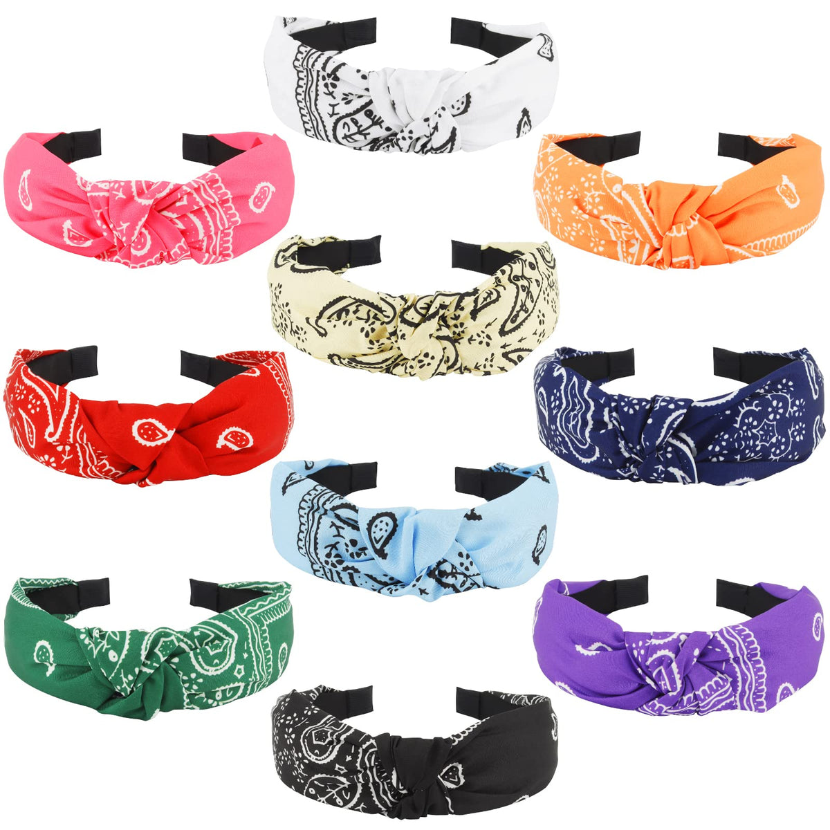 Jaciya front packshot showing ten colorful knotted headbands and styling options