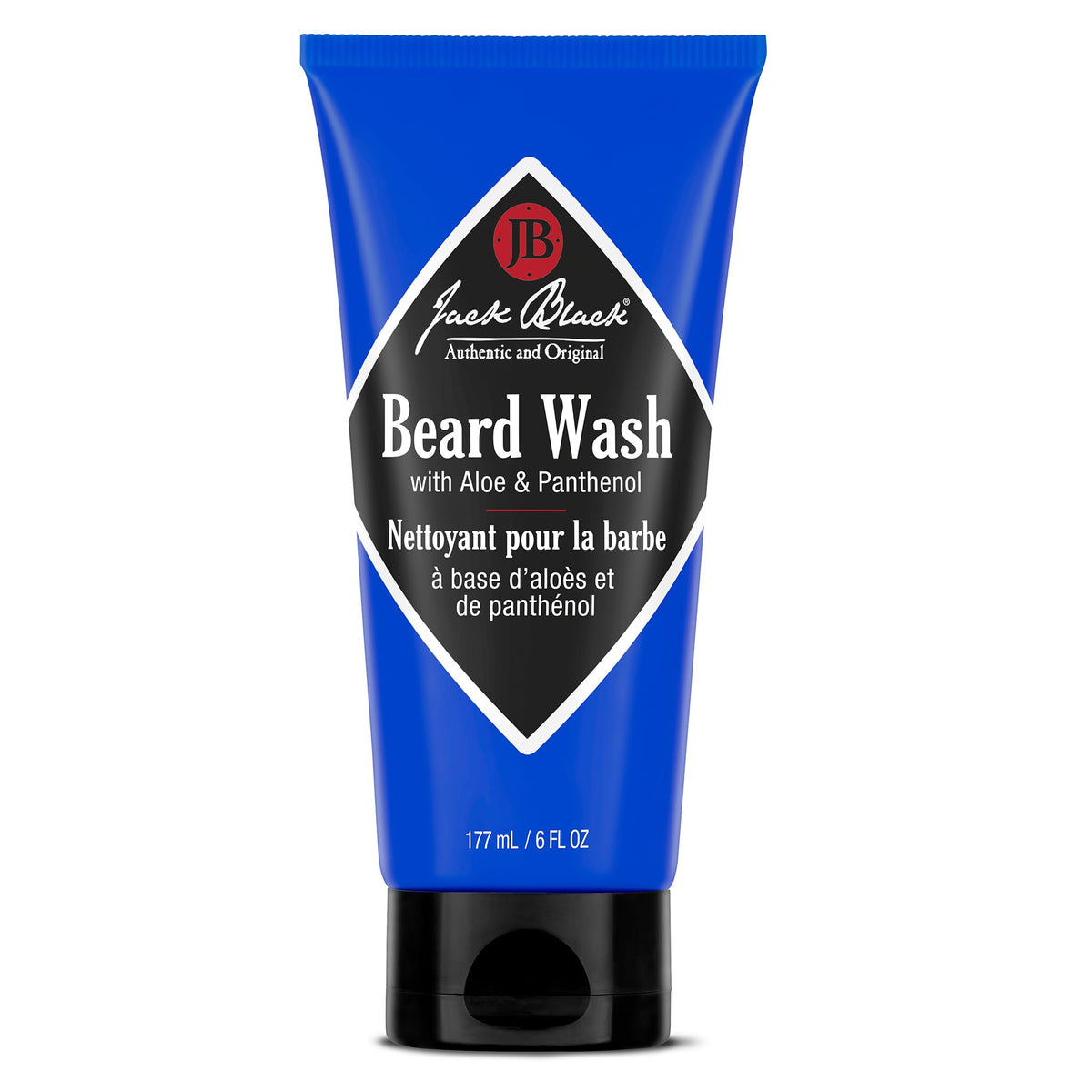 jack black front bottle showing label and travel-friendly size, promotes clean soft beard