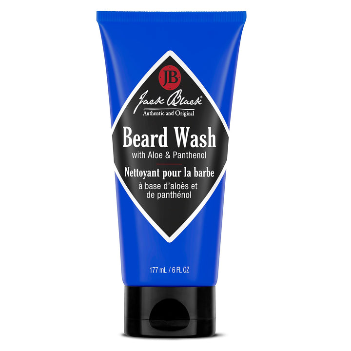 jack black front bottle showing label and travel-friendly size, promotes clean soft beard