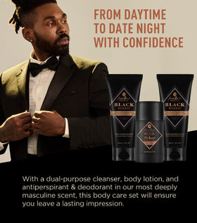 Jack Black kit opened showing body wash, deodorant, and lotion neatly arranged