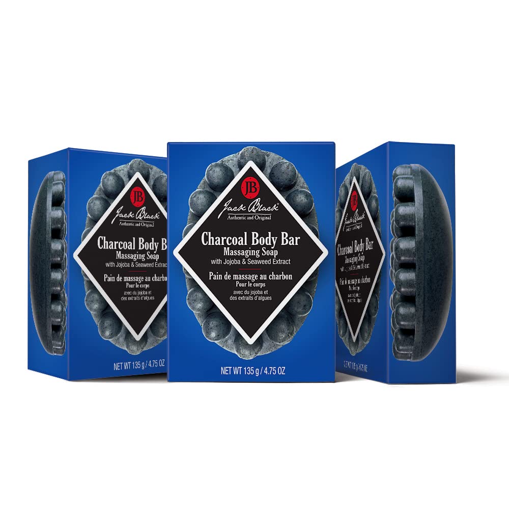 Jack Black charcoal body bar front packaging showing three bars and product benefits