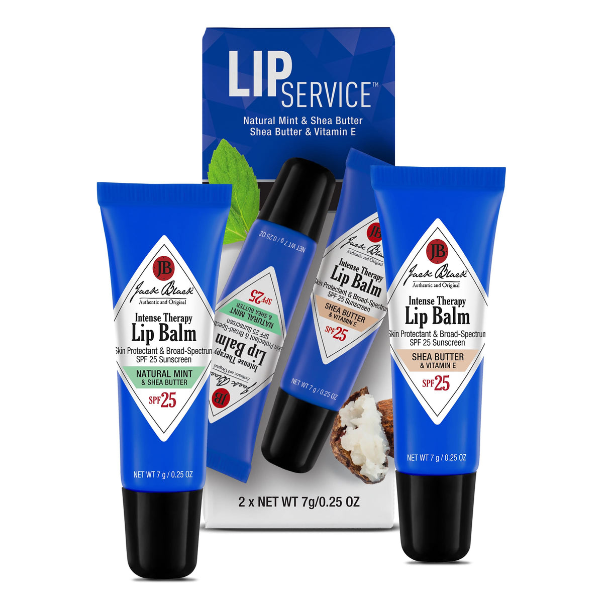 Jack Black front packaging duo showing two SPF 25 balms and travel-ready convenience