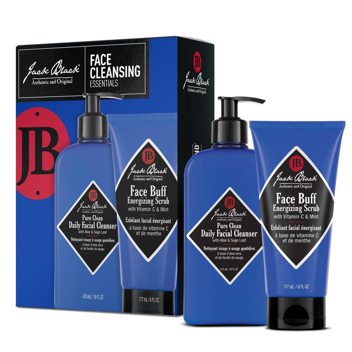 Jack Black front packaging of the cleansing essentials set showing both bottles for clarity and convenience
