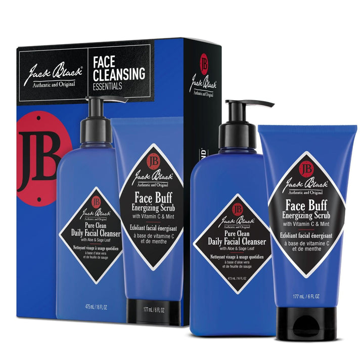 Jack Black front packaging of the cleansing essentials set showing both bottles for clarity and convenience