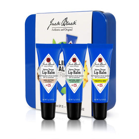 Jack Black front packaging trio showing protective lip balm sticks and tin for travel