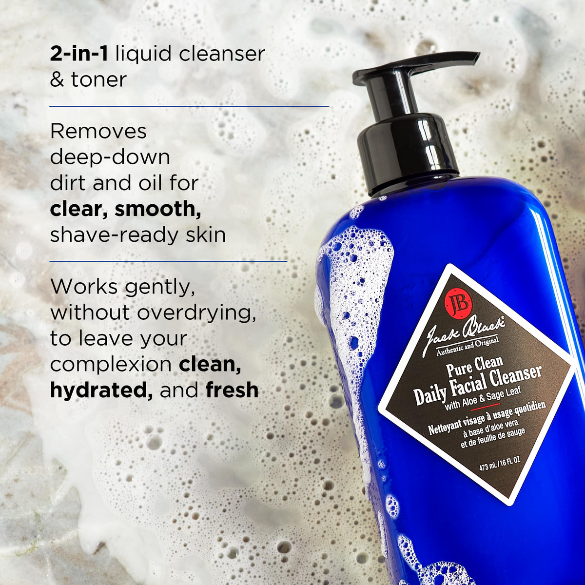 Jack Black Pure Clean cleanser texture on hand demonstrating gentle foaming and quick rinse benefit