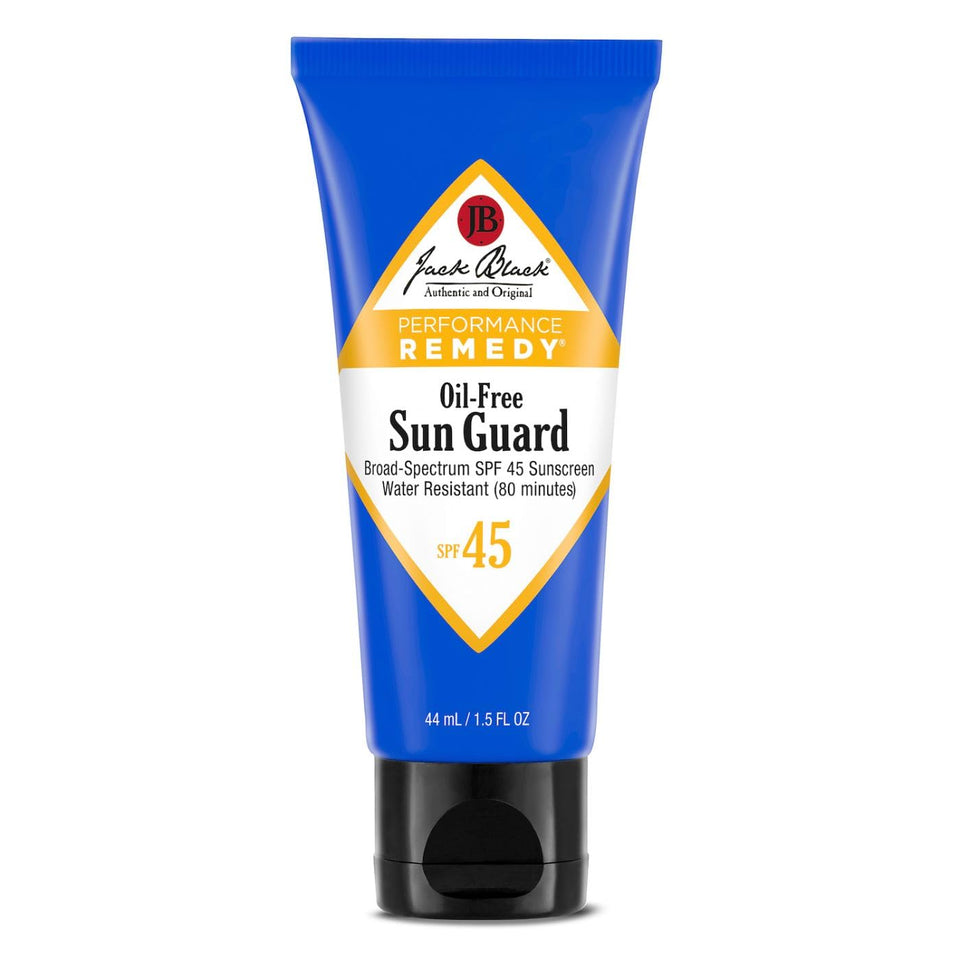 Jack Black front tube showing SPF 45 label and compact travel size benefit
