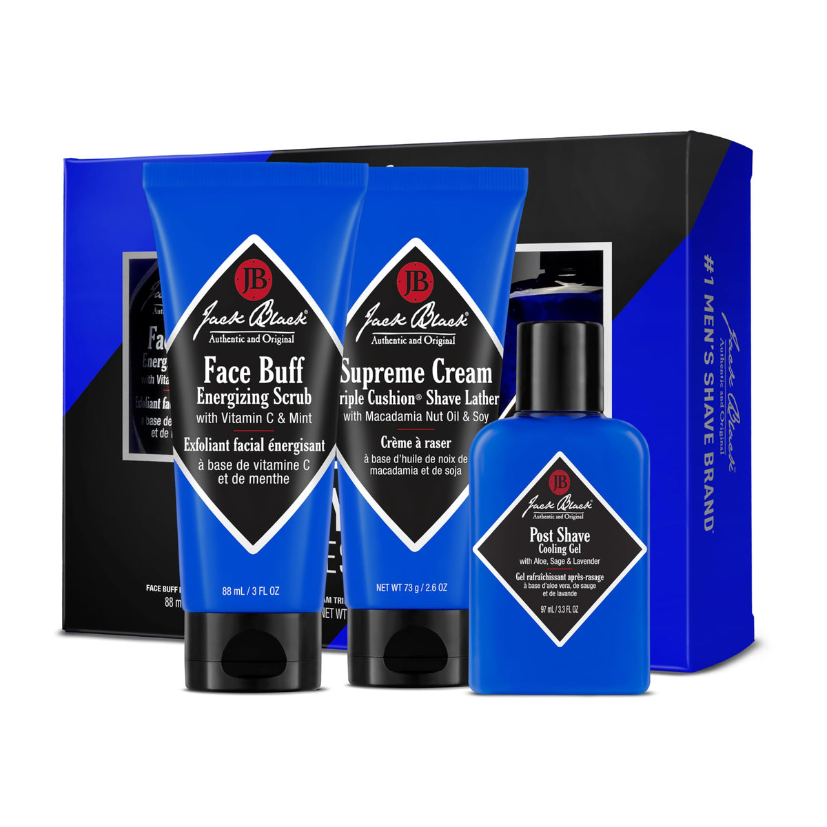 Jack Black front packaging of the three-step shave set showing complete kit benefits