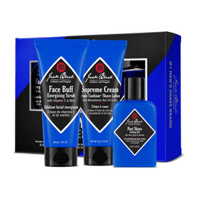 Jack Black front packaging of the three-step shave set showing complete kit benefits