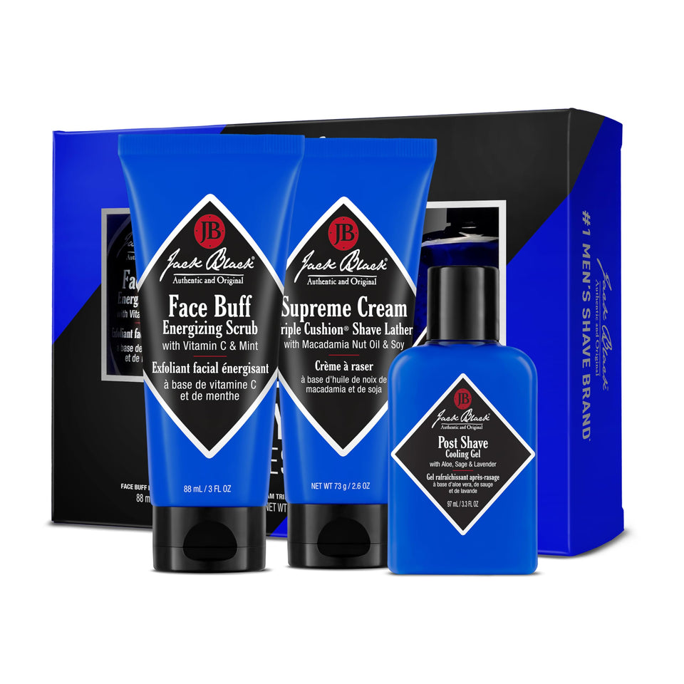 Jack Black front packaging of the three-step shave set showing complete kit benefits