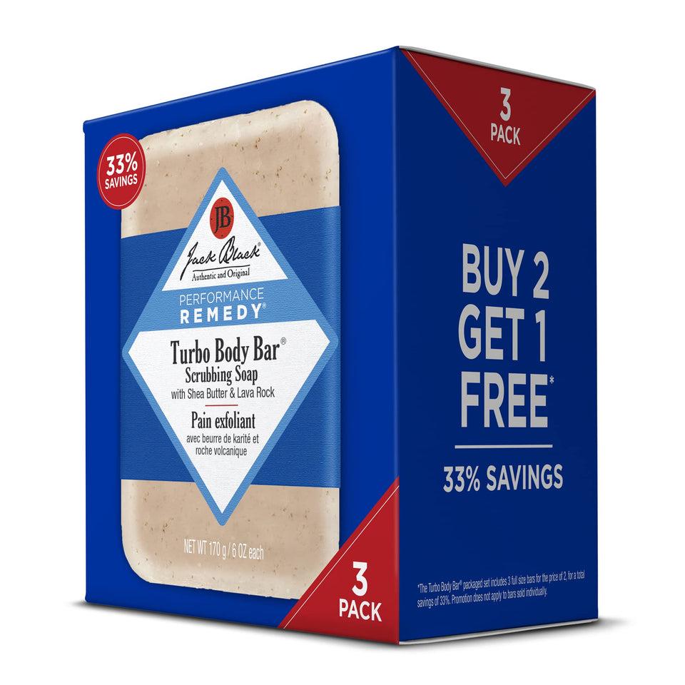 Jack Black Turbo Body Bar front packaging showing three soap bars and benefits