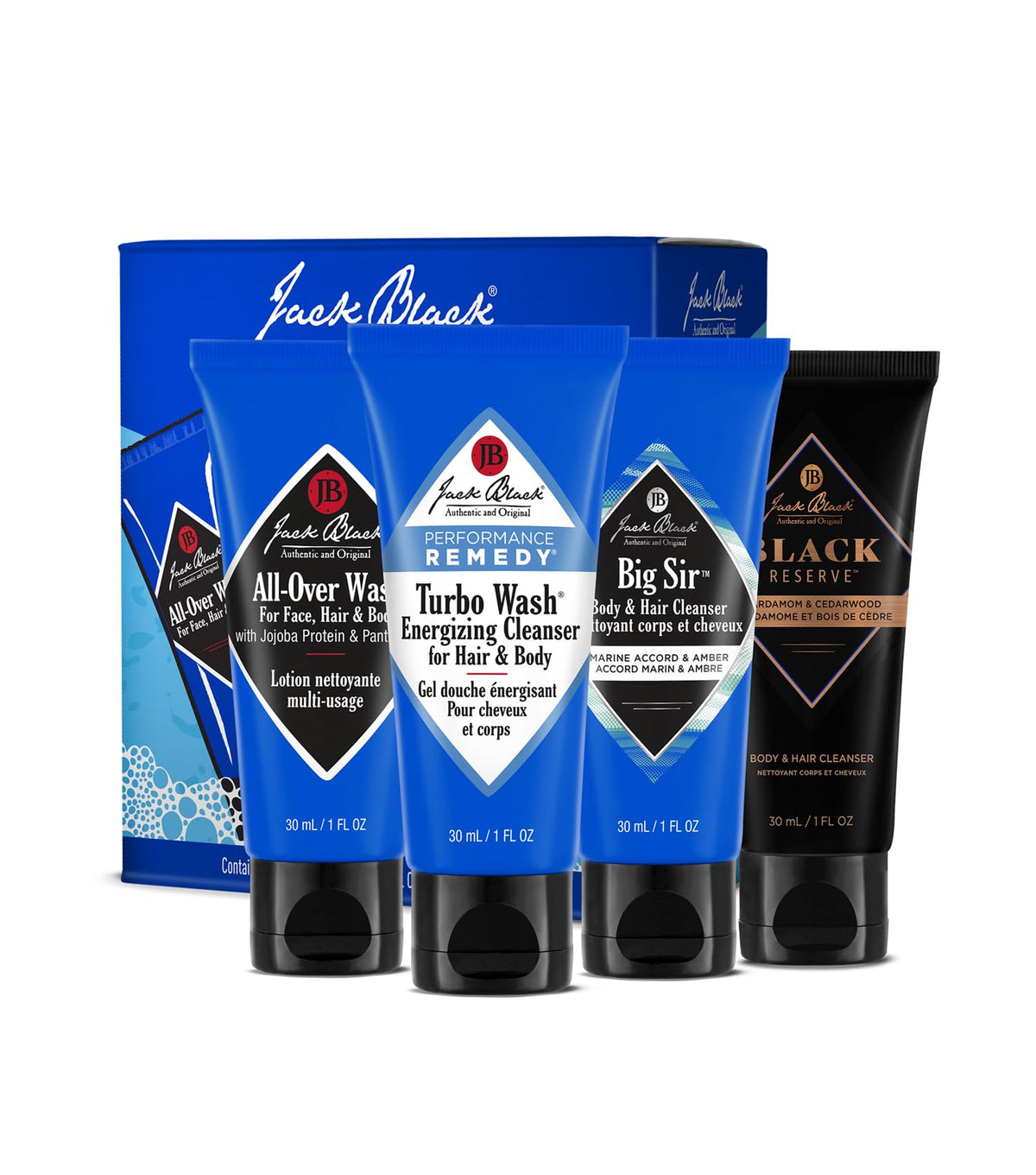 jack black front view of four 1 oz bottles showing variety and portable convenience