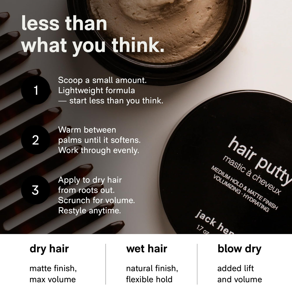 Model with natural matte style using Jack Henry putty for everyday look