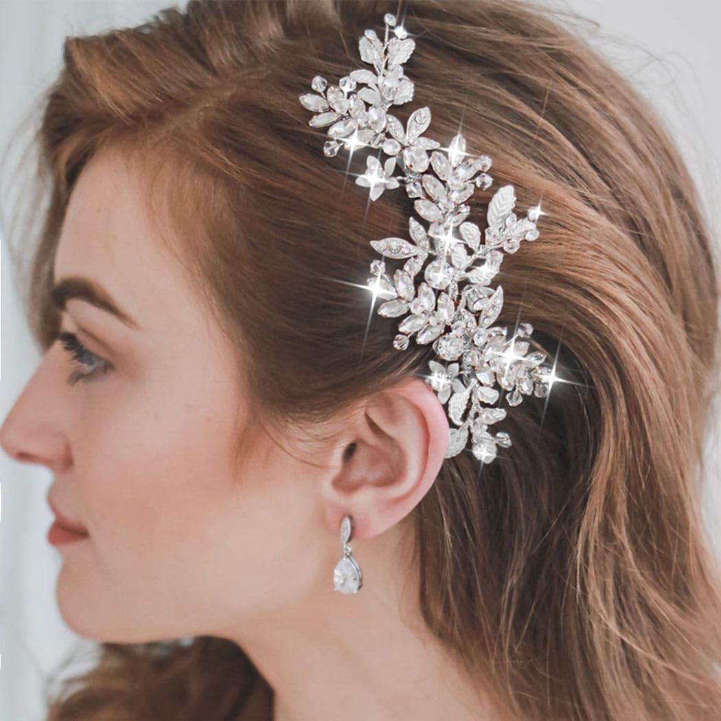 JAKAWIN bridal hair comb front view showing silver rhinestones and elegant shape