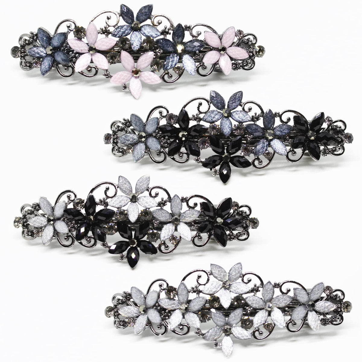 Jakeni front view of rhinestone flower barrette, adds elegant sparkle