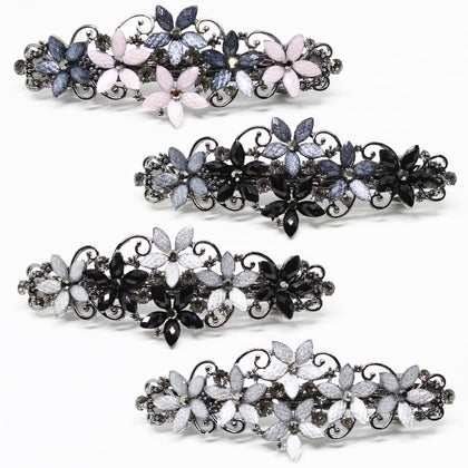 Jakeni front view of rhinestone flower barrette, adds elegant sparkle