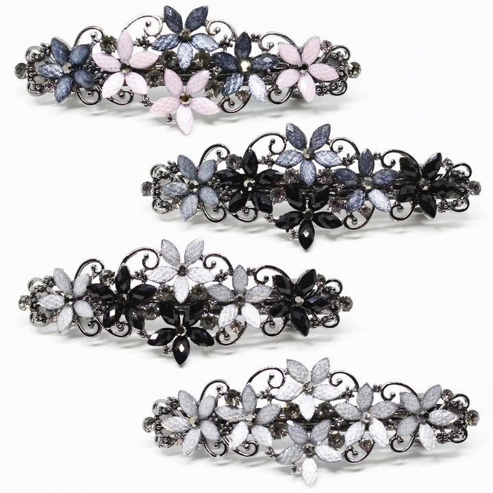 Jakeni front view of rhinestone flower barrette, adds elegant sparkle