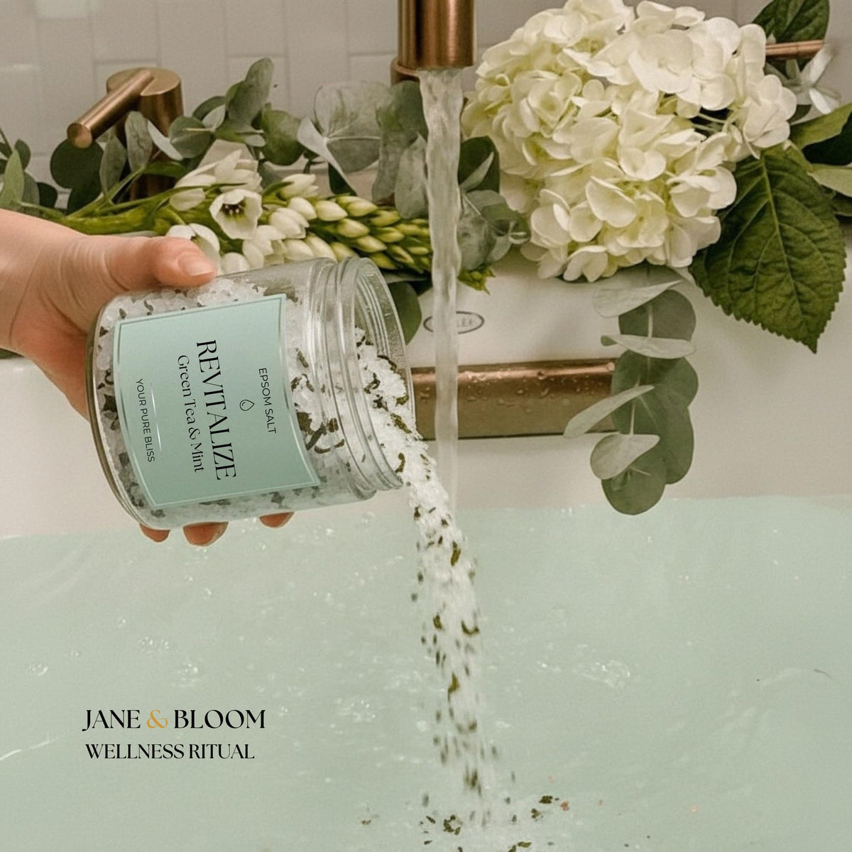 Jane & Bloom Green Tea & Mint salt crystals texture, calming refreshment