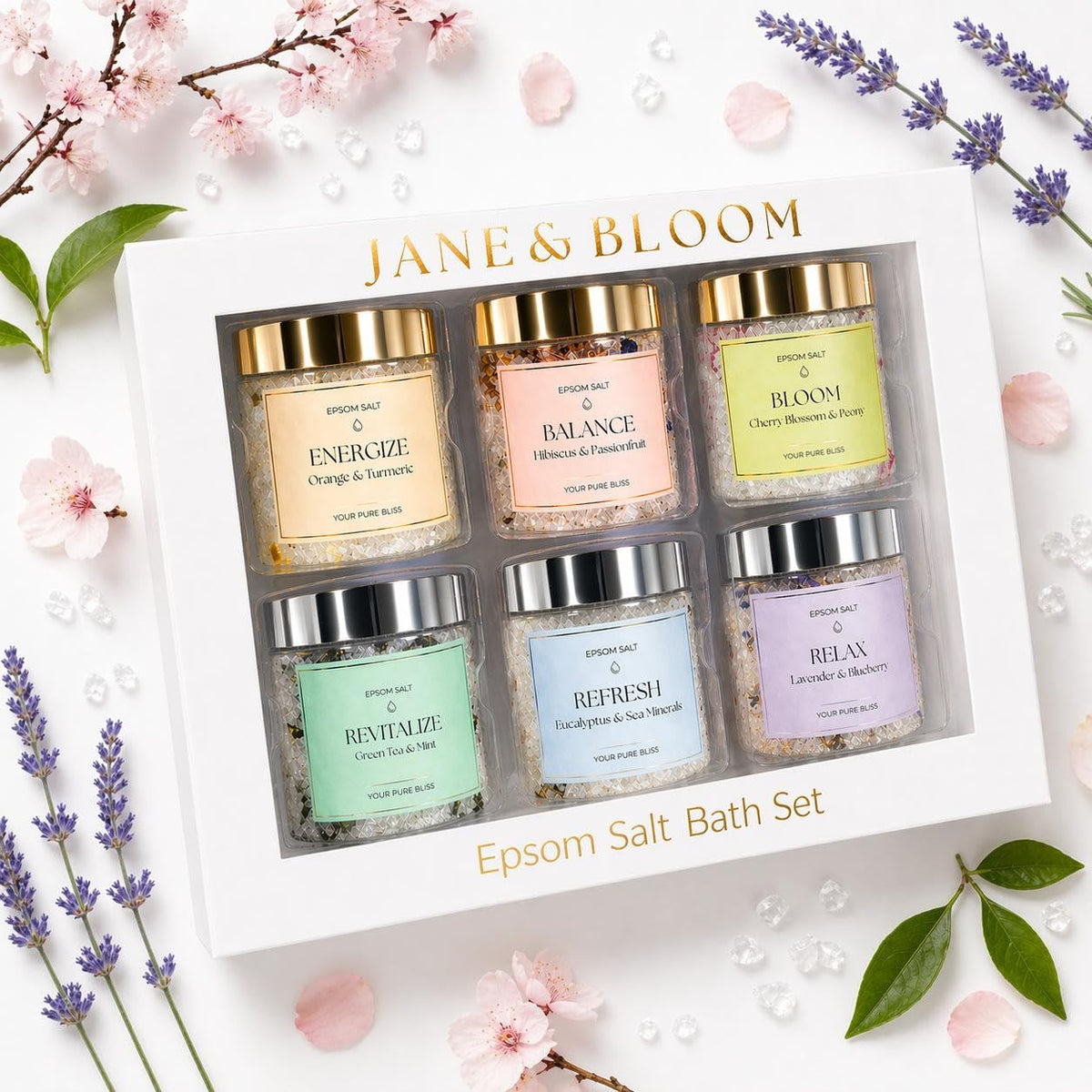 Jane & Bloom front packaging showing six glass jars, ideal gift presentation