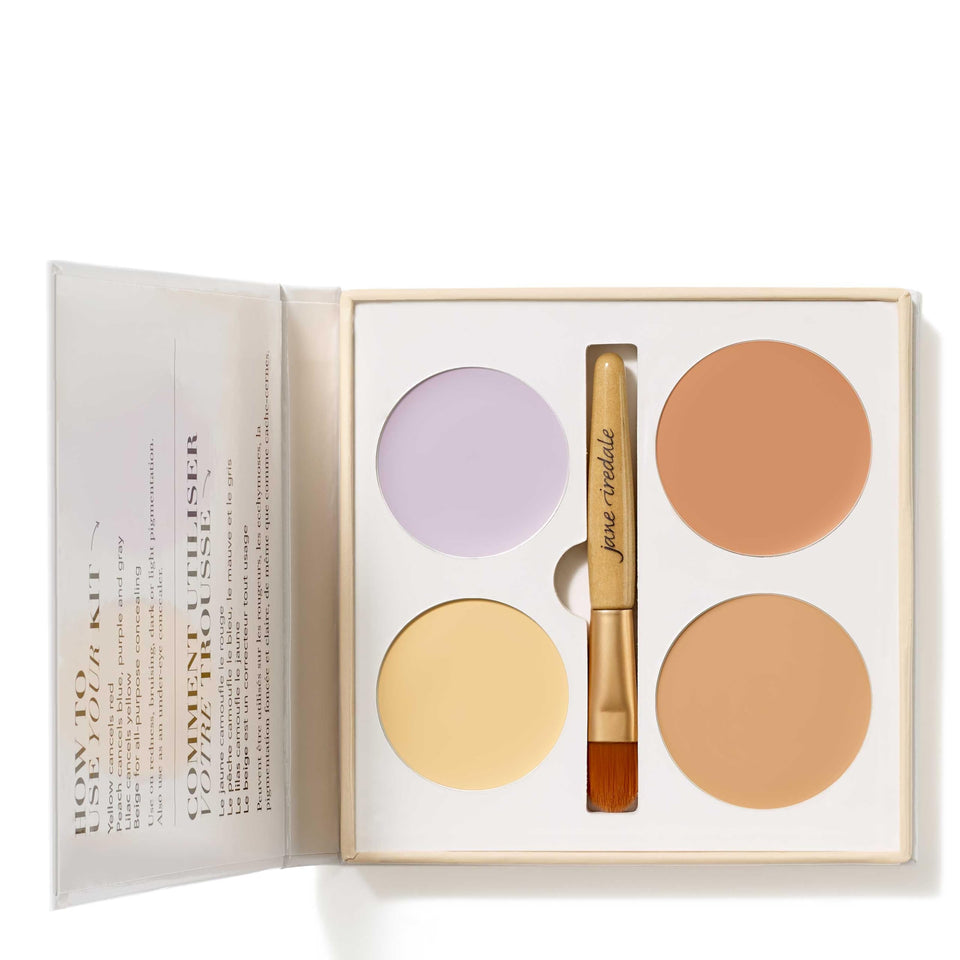 jane iredale front-facing palette showing four corrective shades and compact travel benefit