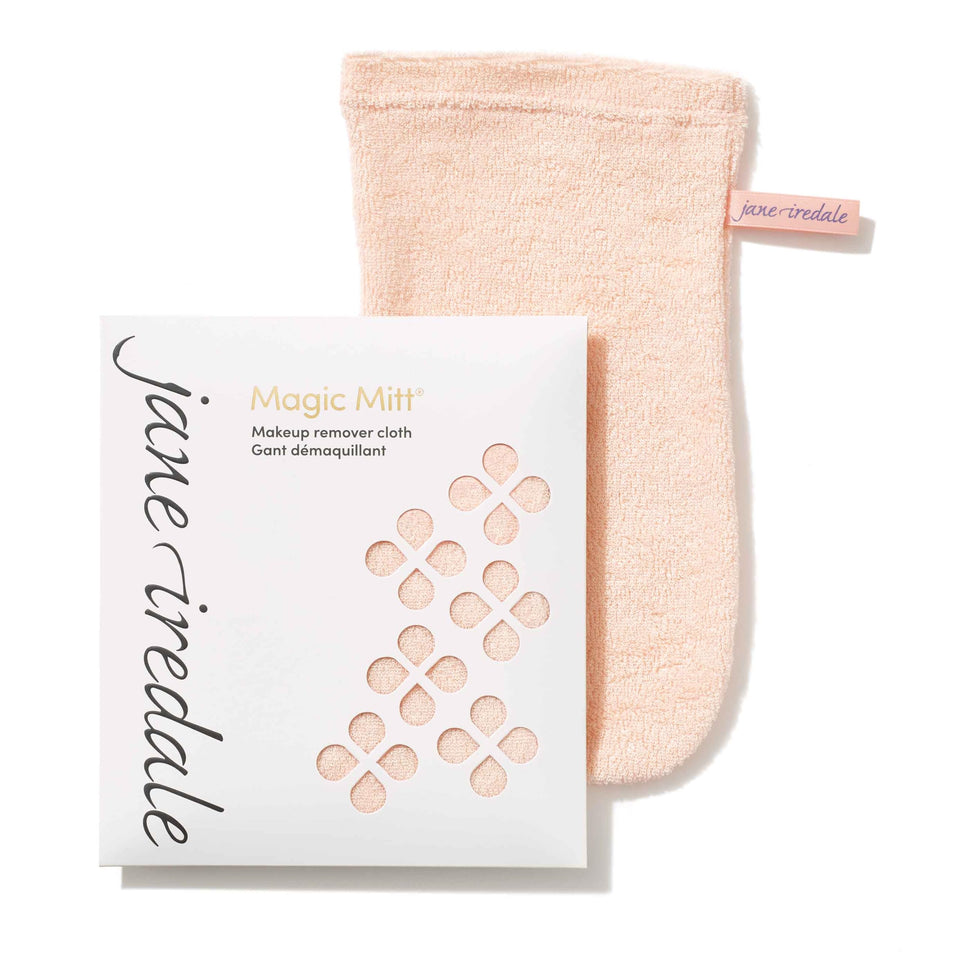 jane iredale Magic Mitt front view showing pink knit and easy cleansing