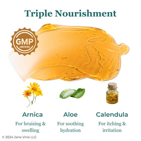 JANE VINE ingredient collage with arnica, aloe and calendula benefits