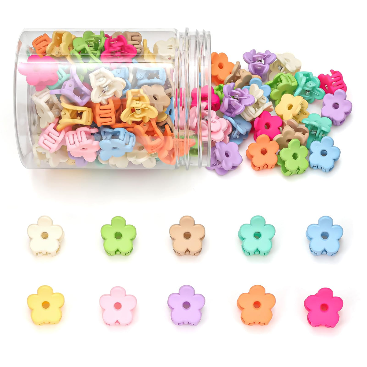 JANFUN jar of 100 colorful flower hair clips for easy storage and variety