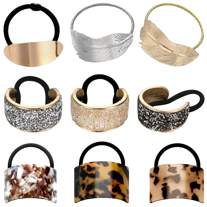 Janinka front view of nine-piece ponytail cuff pack showing variety and portability