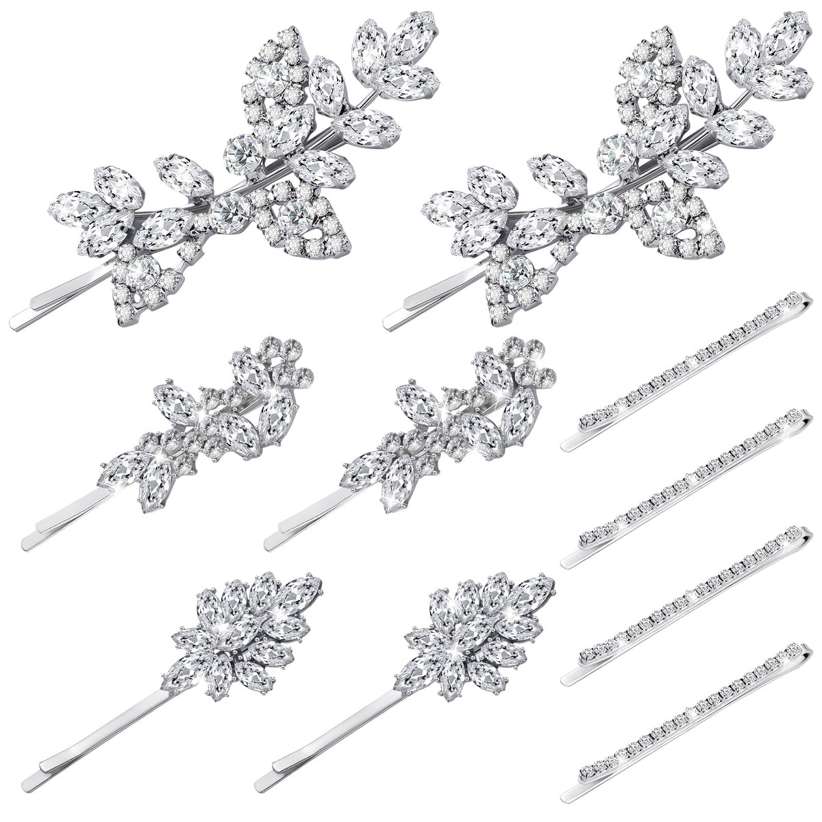 Janinka front view of set showing ten silver rhinestone clips, elegant storage benefit