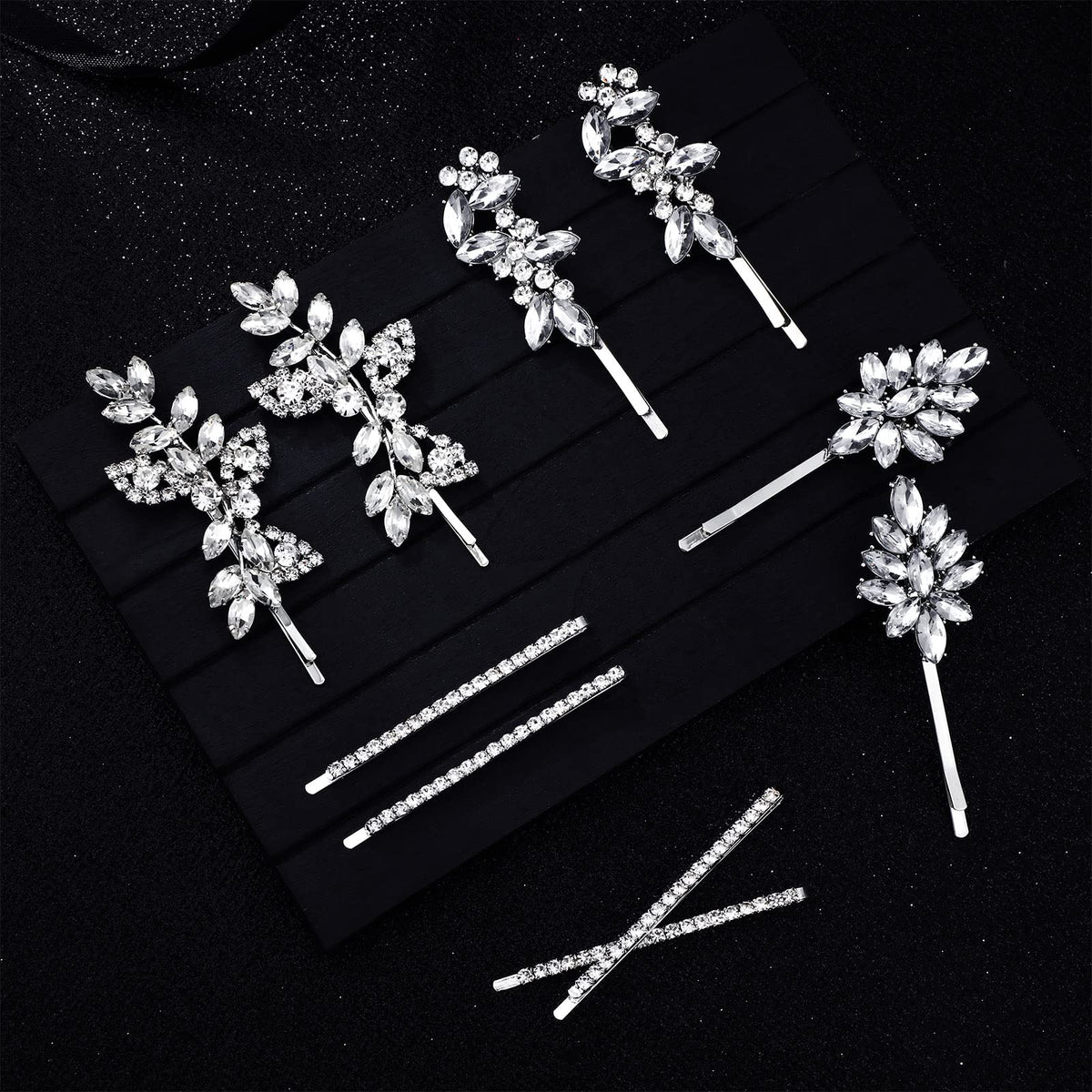 Janinka linear rhinestone clip showing straight sparkle, anchors hairstyle neatly
