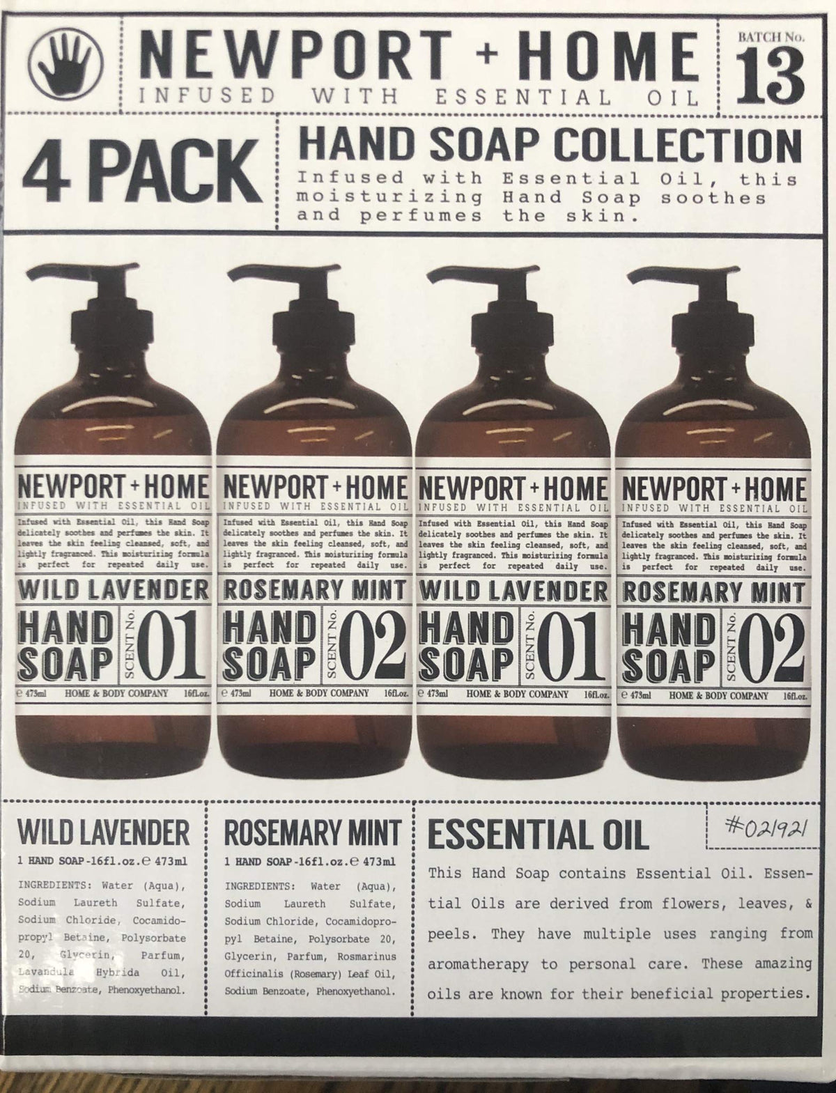 JAROFUREL front view of four 16 oz glass hand soap bottles showing rosemary mint and wild lavender scents