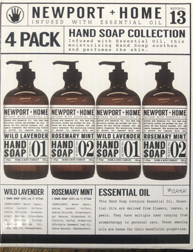 JAROFUREL front view of four 16 oz glass hand soap bottles showing rosemary mint and wild lavender scents