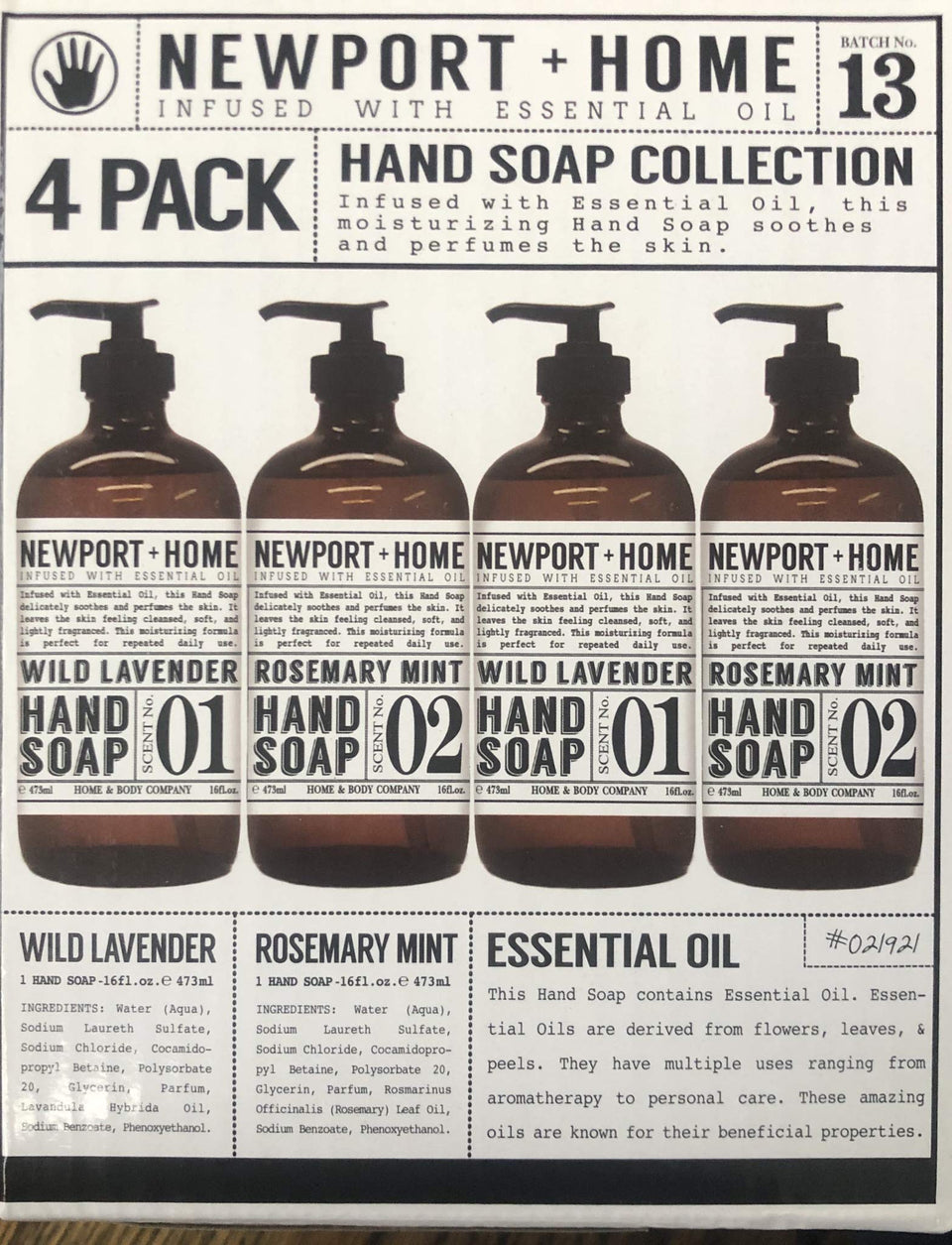 JAROFUREL front view of four 16 oz glass hand soap bottles showing rosemary mint and wild lavender scents