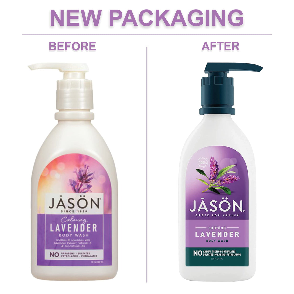 JASON body wash in shower being applied, conveys calming lavender benefit