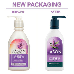 JASON body wash in shower being applied, conveys calming lavender benefit